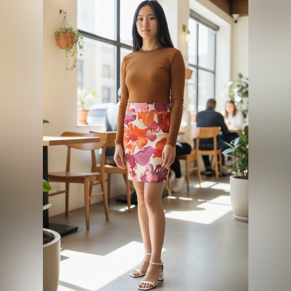 Ann Taylor Loft Floral Pencil Skirt w/ Slit White & Orange Purple Pink Flowers 0